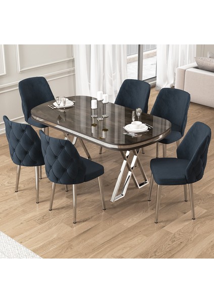 Afe Serisi 90X168 Lak Panel Antrasit Ironi krom Ayak Masa Takımı 6 Sandalye