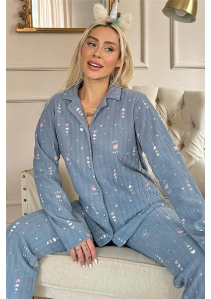 Gri Kalp Desenli Önden Düğmeli Peluş Polar Pijama Takımı