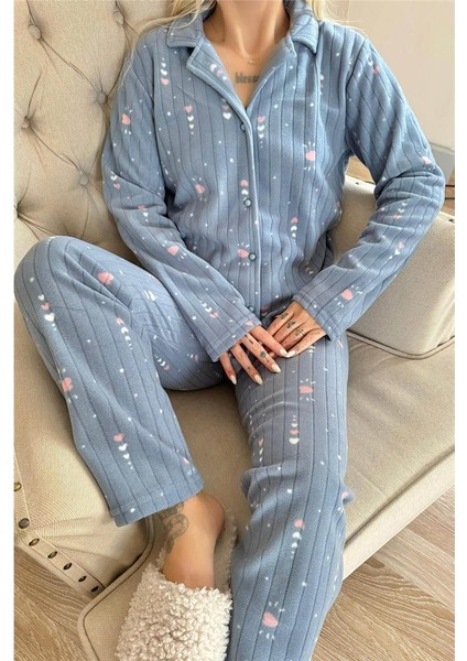 Gri Kalp Desenli Önden Düğmeli Peluş Polar Pijama Takımı
