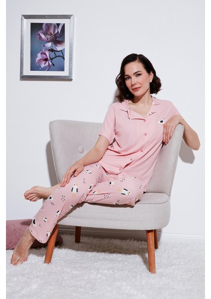 Regular Fit Gömlek Yaka Kısa Kollu Pijama Takımı Bayan Pijama Takımı 65740102