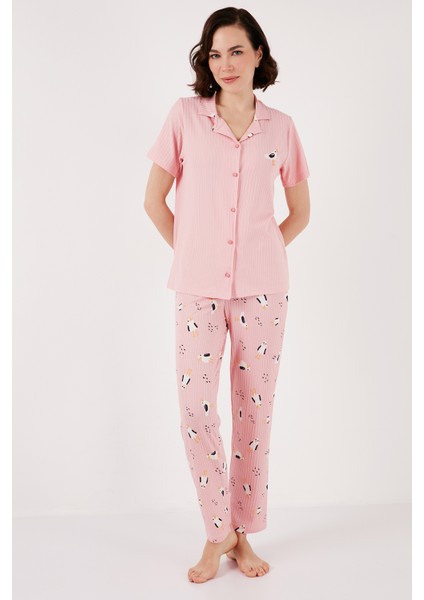 Regular Fit Gömlek Yaka Kısa Kollu Pijama Takımı Bayan Pijama Takımı 65740102