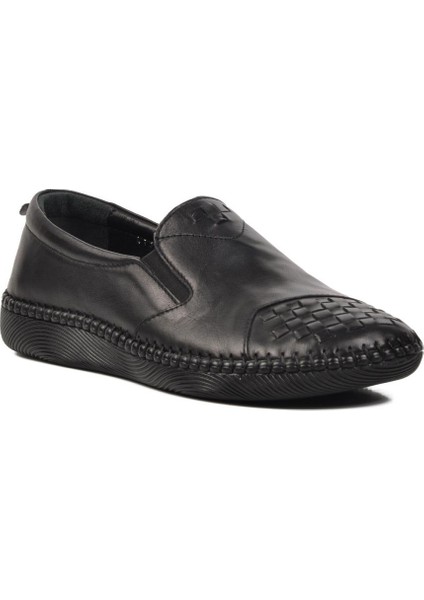 04132 Siyah Hakiki Deri Kadın Günlük Ayakkabı