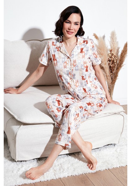 Desenli Kısa Kollu Beli Lastikli Gömlek Yaka Dokuma Regular Fit Pijama Takımı Bayan Pijama Takımı 6571010