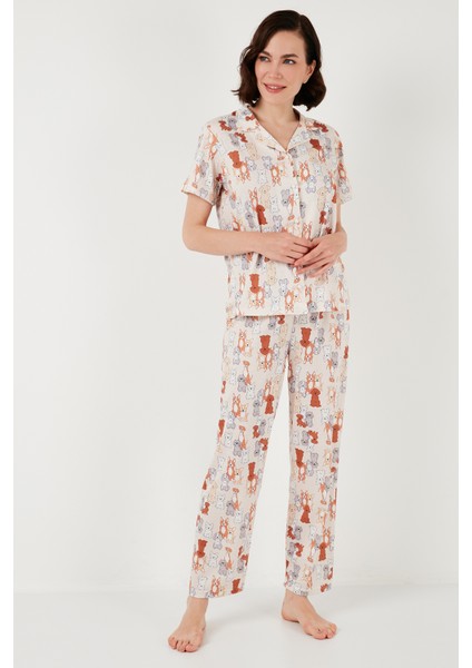 Desenli Kısa Kollu Beli Lastikli Gömlek Yaka Dokuma Regular Fit Pijama Takımı Bayan Pijama Takımı 6571010