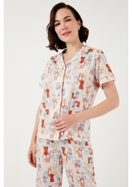 Desenli Kısa Kollu Beli Lastikli Gömlek Yaka Dokuma Regular Fit Pijama Takımı Bayan Pijama Takımı 6571010