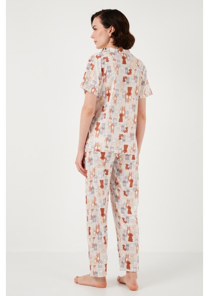 Desenli Kısa Kollu Beli Lastikli Gömlek Yaka Dokuma Regular Fit Pijama Takımı Bayan Pijama Takımı 6571010