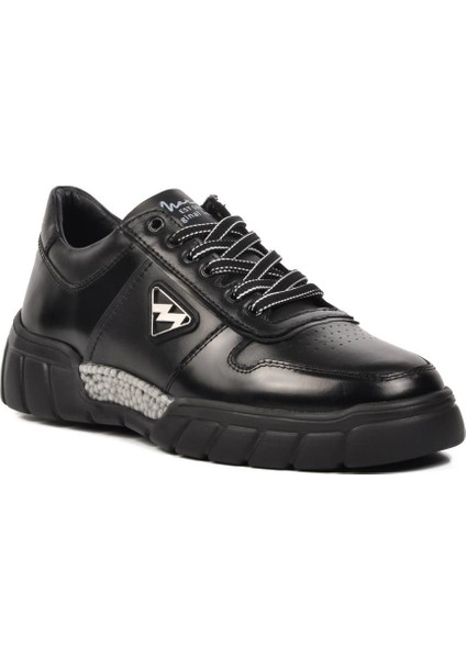 152-19503 Siyah Hakiki Deri Erkek Sneaker