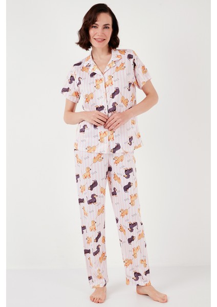 Desenli Kısa Kollu Beli Lastikli Gömlek Yaka Dokuma Regular Fit Pijama Takımı Bayan Pijama Takımı 6571010