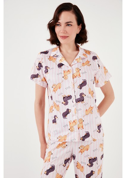 Desenli Kısa Kollu Beli Lastikli Gömlek Yaka Dokuma Regular Fit Pijama Takımı Bayan Pijama Takımı 6571010