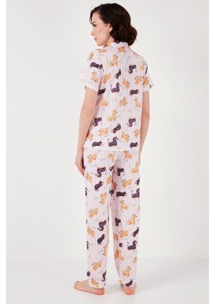 Desenli Kısa Kollu Beli Lastikli Gömlek Yaka Dokuma Regular Fit Pijama Takımı Bayan Pijama Takımı 6571010