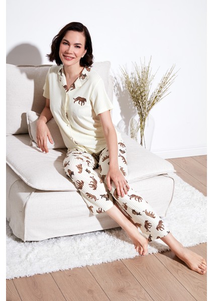 Regular Fit Gömlek Yaka Kısa Kollu Pijama Takımı Bayan Pijama Takımı 65740102
