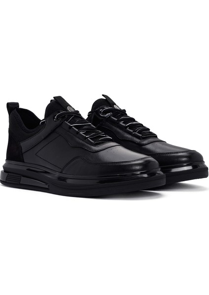Erkek Siyah Bağcıklı Deri Sneaker