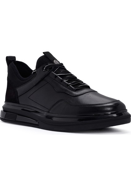 Erkek Siyah Bağcıklı Deri Sneaker