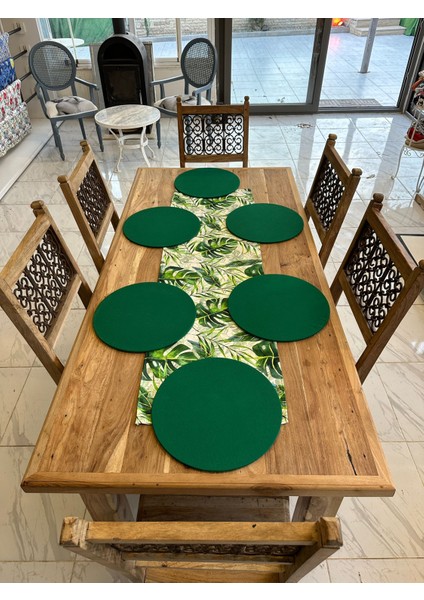 Yeşil Palmiye Baskılı Runner ve Yeşil 6'lı Supla Set