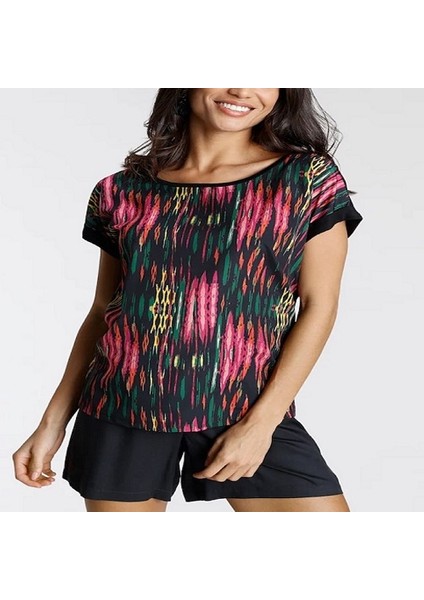 Siyah Kısa Kol Yuvarlak Yaka Renkli Bluz