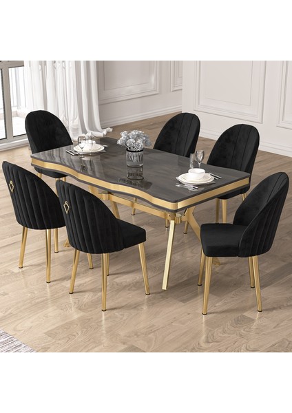 Pem Serisi 90X160 Lak Panel Antrasit Ironi Gold Ayak Masa Takımı 6 Sandalye