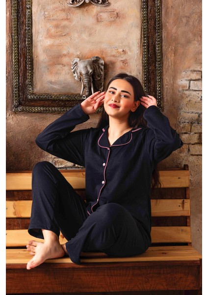 Yeni Sezon Kadın Gömlek Yaka Boydan Düğmeli Cotton Pijama Takımı 200131 modelleri