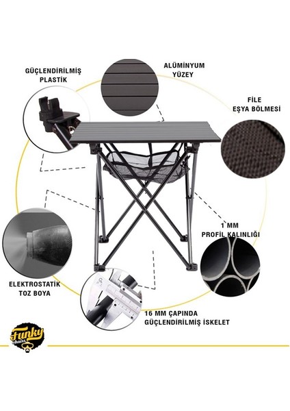 Funky Chairs Black Çantalı Alüminyum Yüzey Katlanabilir Kamp Piknik Masası 50 x 50 x 50