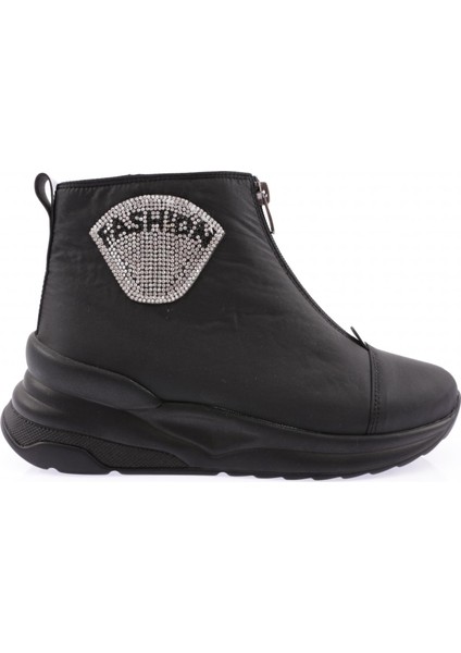 M844 Kadin Silver Taşli Yazi Detayli Kürklü Önden Fermuarli Bot