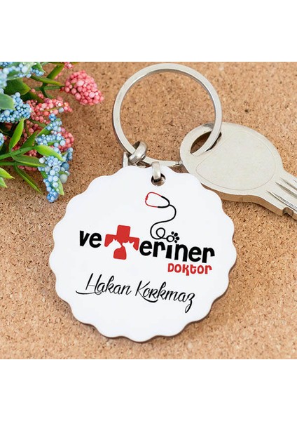 Veteriner Tasarımlı Isimli Papatya Anahtarlık