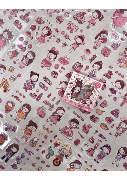 Sevimli Kız ve Yiyecekler 100 Yaprak Pembe Mini Kutu Sticker Seti / Bullet Journal / Scrapbook