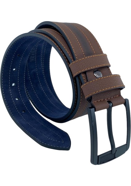 Kahverengi Suni Deri Ortası Sarı Dikişli Model 4.5 Cm.lik Unisex Spor Kemer - 4509-10