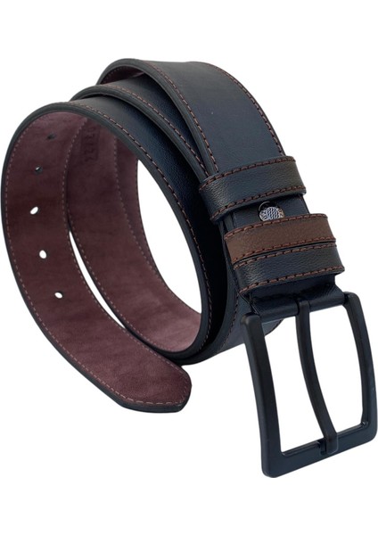 Siyah Suni Deri Kahverengi Dikişli 3 Köprülü 4 Cm.lik Unisex Spor Kemer - 7000-109