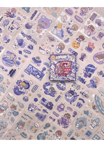 Sevimli Çocuk ve Ayıcık Uzayda 100 Yaprak Mavi Mini Kutu Sticker Seti / Bullet Journal / Scrapbook