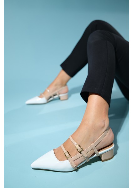 Cenova Beyaz-Bej Rugan Kadın Topuklu Sandalet fırsatları