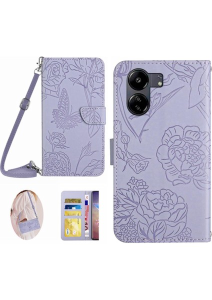 Kart Tutucu ve Uzun Kayış Kelebekler ve Xiaomi Redmi 13C 4g Için Kılıf (Yurt Dışından)