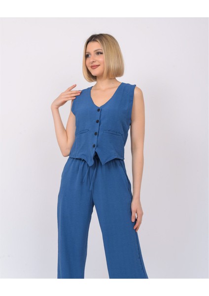 Kadın Keten Kumaş Yelekli Ikili Takım Indigo indirimleri