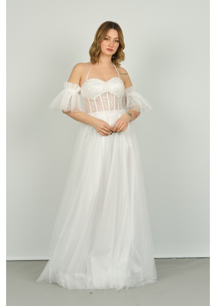 Kadın Seyyar Kollu Transparan Detaylı Uzun Abiye Elbise 3504 Beyaz