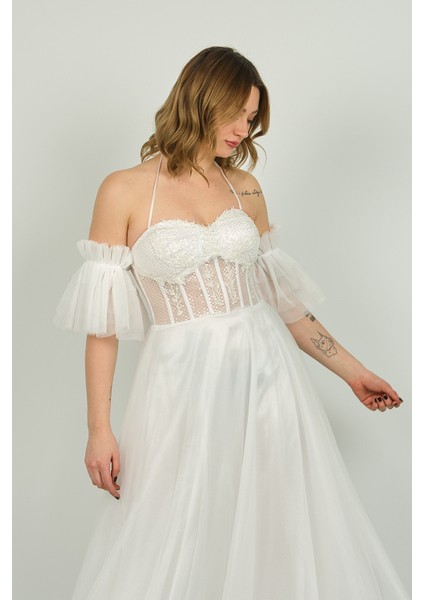 Kadın Seyyar Kollu Transparan Detaylı Uzun Abiye Elbise 3504 Beyaz fiyatları