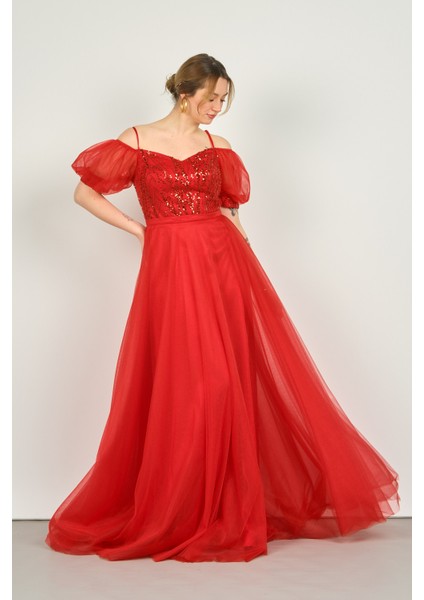 Kadın Balon Kol Askılı Pul Payetli Tül Uzun Abiye Elbise 3488 Kırmızı