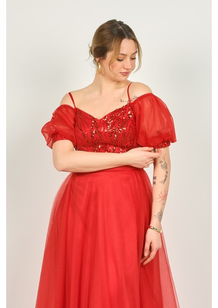 Kadın Balon Kol Askılı Pul Payetli Tül Uzun Abiye Elbise 3488 Kırmızı fiyatları