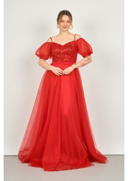 Kadın Balon Kol Askılı Pul Payetli Tül Uzun Abiye Elbise 3488 Kırmızı modelleri