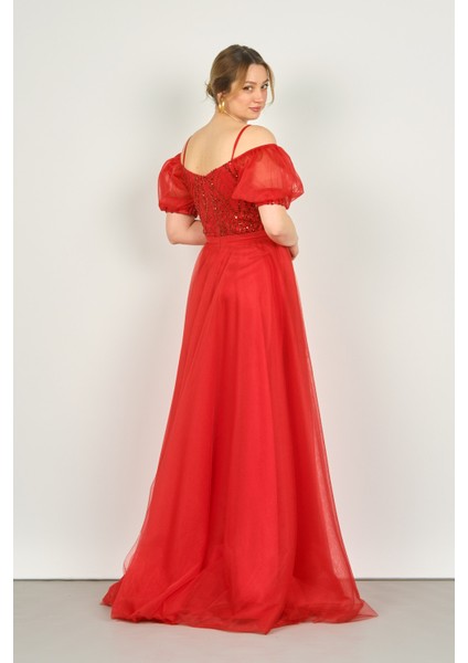 Kadın Balon Kol Askılı Pul Payetli Tül Uzun Abiye Elbise 3488 Kırmızı fırsatları