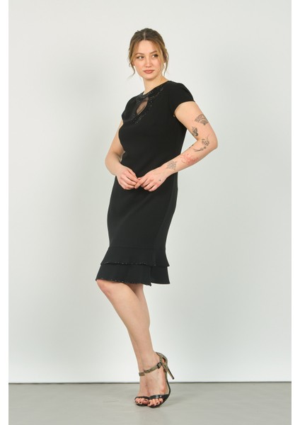 Kadın Bisiklet Yaka Pencere Detaylı Etek Ucu Fırfırlı Araboy Abiye Elbise 23-117 Siyah modelleri