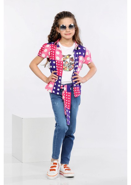 Puantiye Baskılı Renkli Gömlek, Tişört ve Kot Pantolon 3 Lü Takım MRN2406