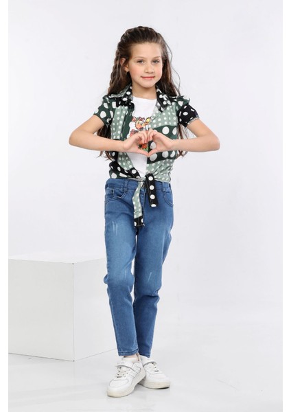 Puantiye Baskılı Alttan Bağlamalı Renkli Gömlek, Tişört ve Kot Pantolon 3 Lü Takım MRN2405