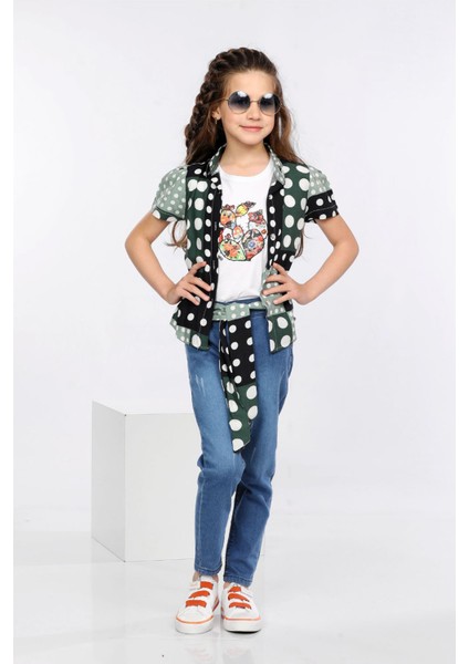 Puantiye Baskılı Renkli Gömlek, Tişört ve Kot Pantolon 3 Lü Takım MRN2406