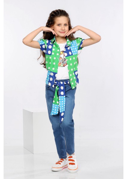 Puantiye Baskılı Renkli Gömlek, Tişört ve Kot Pantolon 3 Lü Takım MRN2406