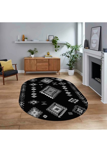 Dijital Kaymaz Yıkanabilir Oval Iskandinav Desen Yolluk Salon Halısı, V-O-Iskandinav-15-Antrasit,