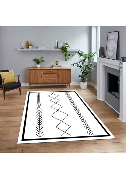 Dijital Baskılı Kaymaz Yıkanabilir Iskandinav Desen Yolluk Salon Halısı, V-Iskandinav-01-Beyaz,