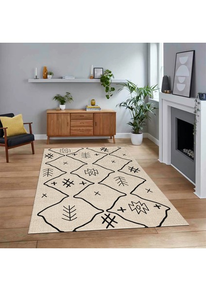 Dijital Baskılı Kaymaz Yıkanabilir Iskandinav Desen Yolluk Salon Halısı, V-Iskandinav-04-Krem,