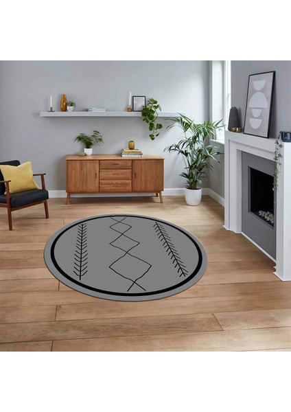 Dijital Kaymaz Yıkanabilir Yuvarlak Iskandinav Desen Salon Halısı, V-Y-Iskandinav-01-Gri,