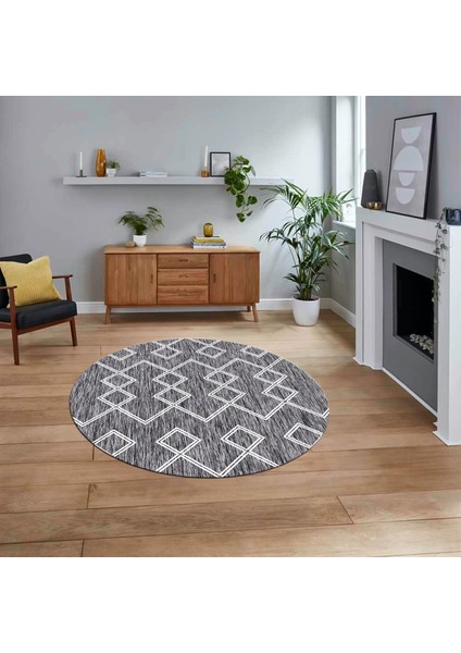 Dijital Kaymaz Yıkanabilir Yuvarlak Iskandinav Desen Salon Halısı, V-Y-Iskandinav-05-Gri,