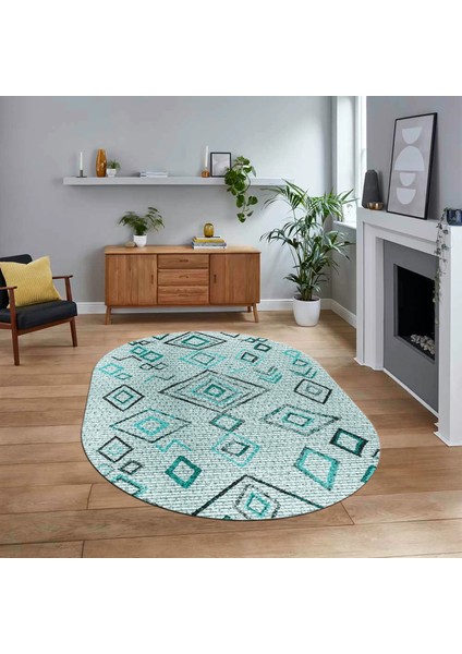 Dijital Kaymaz Yıkanabilir Oval Iskandinav Desen Yolluk Salon Halısı, V-O-Iskandinav-29-Mavi,
