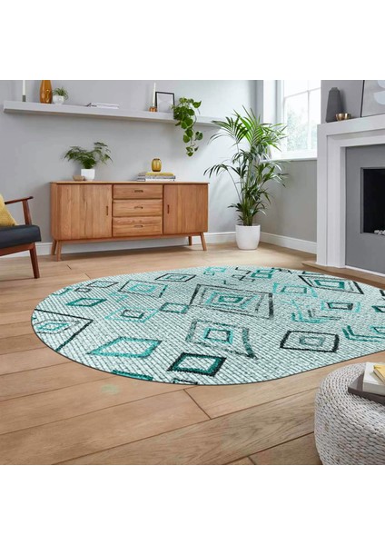 Dijital Kaymaz Yıkanabilir Oval Iskandinav Desen Yolluk Salon Halısı, V-O-Iskandinav-29-Mavi,