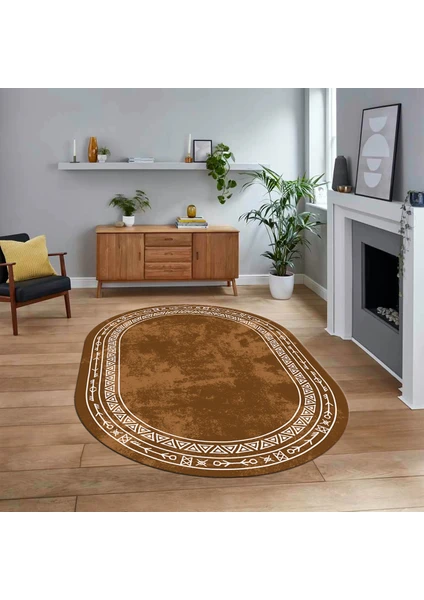 Viyana Home Dijital Kaymaz Yıkanabilir Oval Iskandinav Desen Yolluk Salon Halısı, V-O-Iskandinav-30-Kahve,